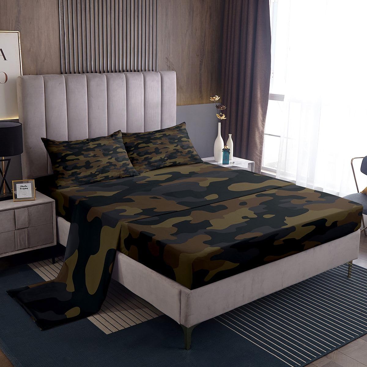 Feelyou Kids Boys Camo Bed Sheets Army Camouflage Sheet Set for Girls Teens Youth Man Navy Blue Decor Bed Set Black Dark Brown Sheets Queen,1 Fitted Sheet+2 Pillow Sham+1 Flat Sheet