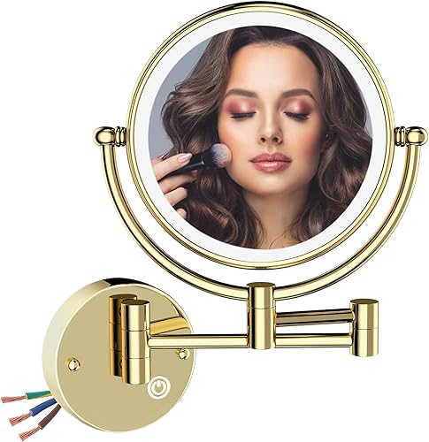 Espejo de maquillaje de baño de 8 pulgadas, brazo oscilante de doble cara 1X5X, espejo de aumento iluminado con cableado montado en la pared, latón