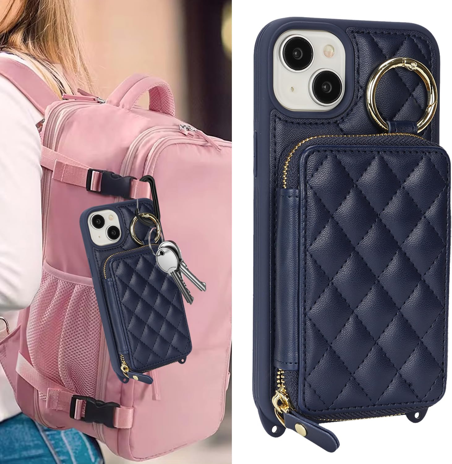 Crossbody Wallet Case for iPhone 14, PU Leather Zipper Handbag Purse Flip Cover, Kickstand Folio Case with Card Slots Holder Wrist Strap Lanyard 5G 6.1 Inch-Blue