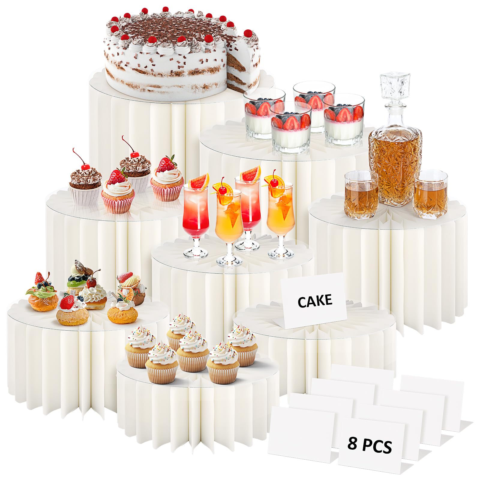 Lot de 8 supports cylindriques en papier blanc avec cartes de présentation et assiettes en acrylique, pliables, pour fête, mariage, anniversaire (4 tailles)