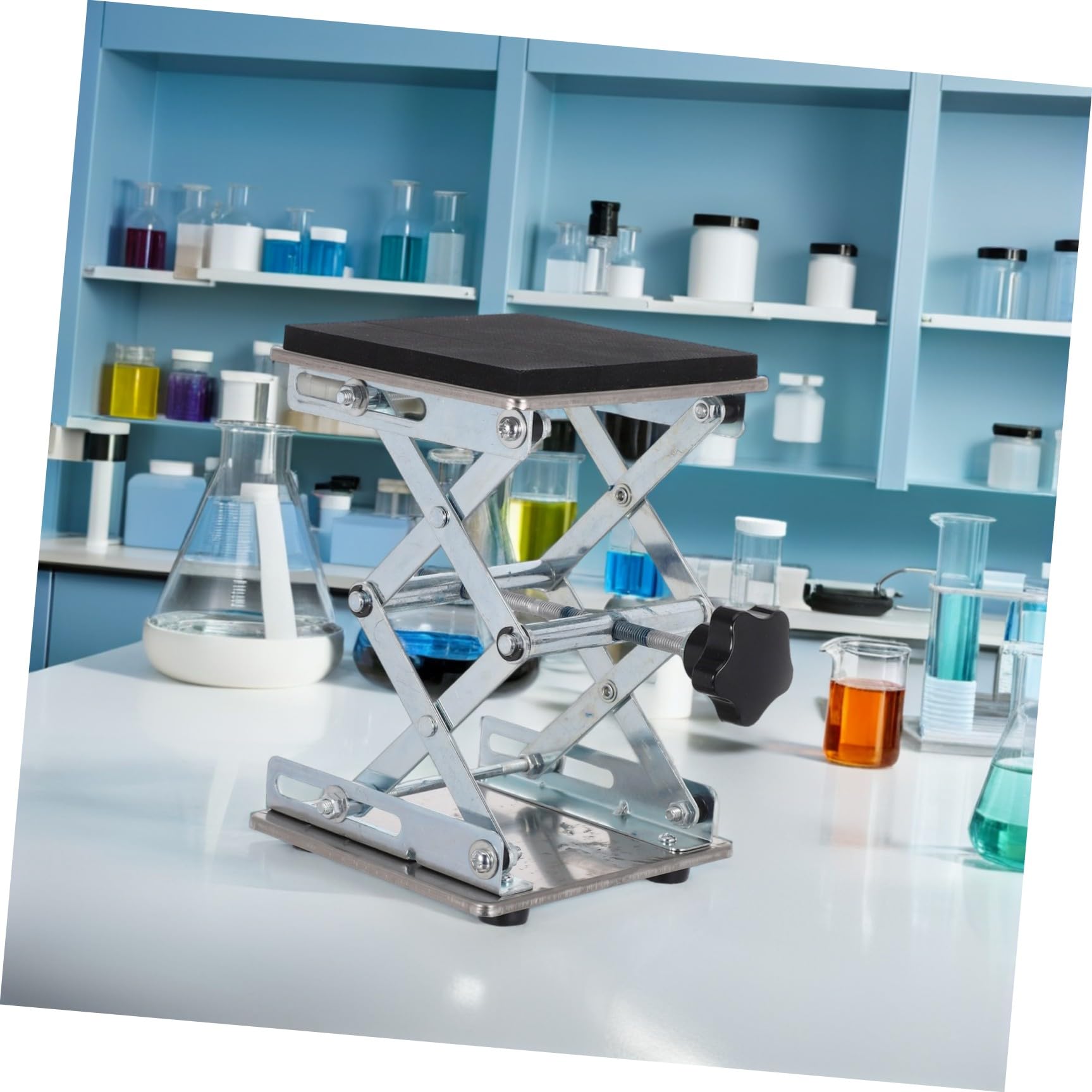 Mini Gato de Tijera de Laboratorio de Acero Inoxidable 6x6 Pulgadas | Altura Ajustable 70 a 260mm, Superficie Amplia para Matraces y Dispositivos de Laboratorio