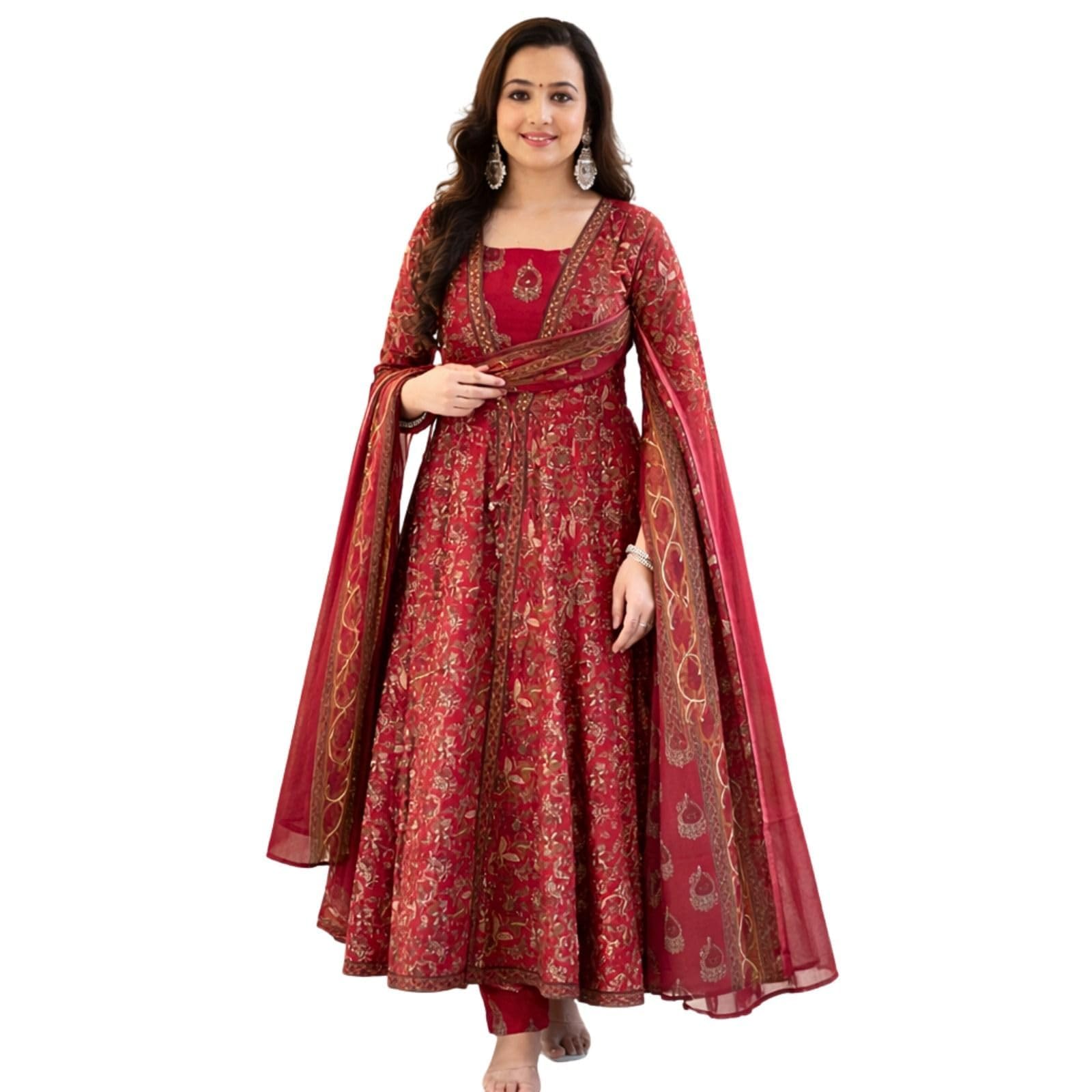 himaira Women’s Red Embroidered Anarkali Kurta with Dupatta and Palazzo Set - Traditional Festive Outfit for Special Occasions-picture-10
