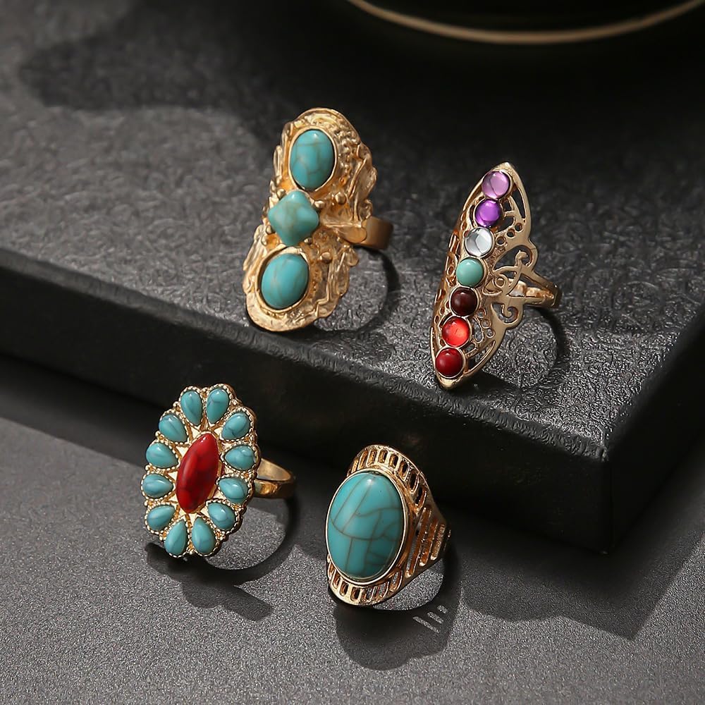 Bohemian Turquoise Ring for Women Chunky Gold Flower Statement Rings Vintage Round Turquoises Stackable Knuckle Ring Set for Women Western Jewelry - Image 4