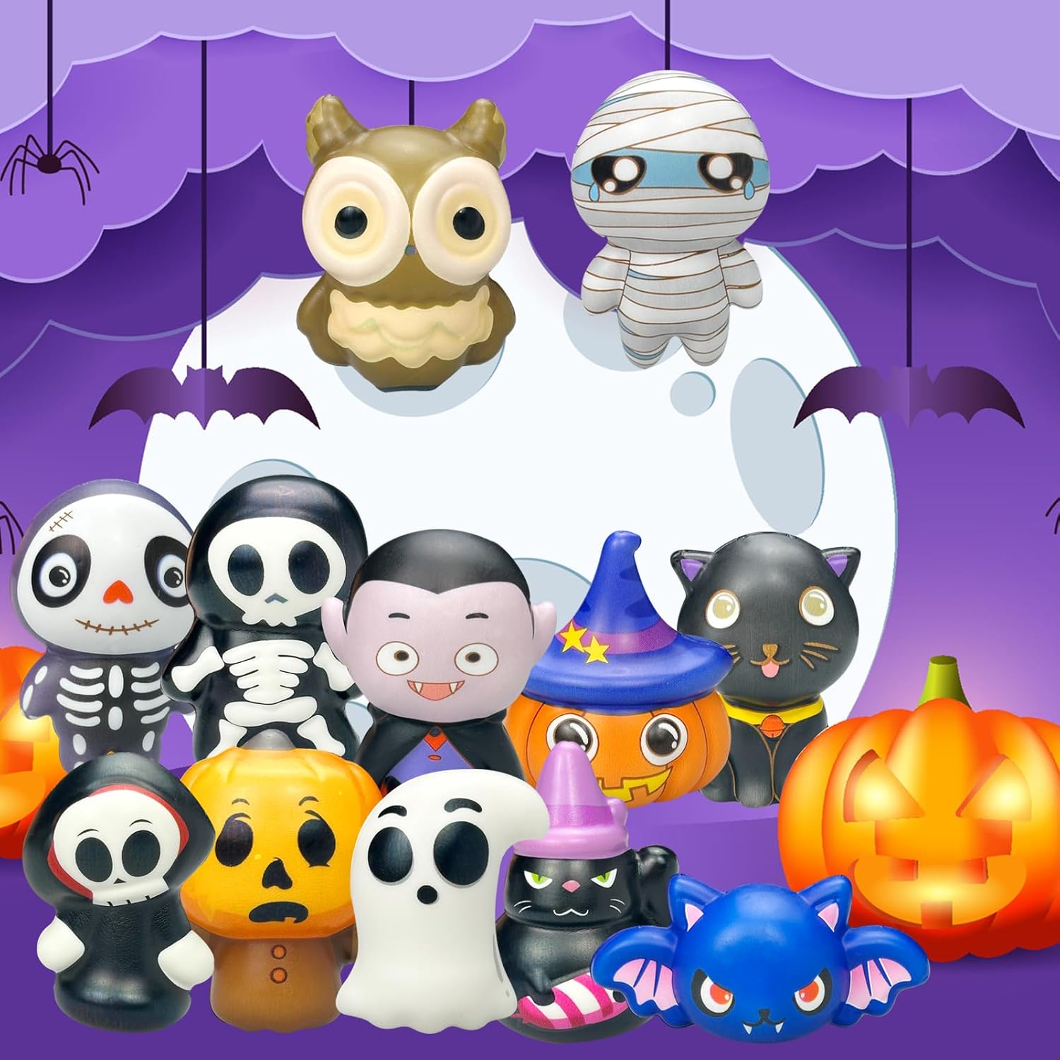 12 Pack Halloween squishies Stress Ball Set Cartoon Mummy Pumpkin Bat Ghost Dolls Bulk Stress Relief Squeeze Toys for Kid Adult Gift Collect (Halloween)