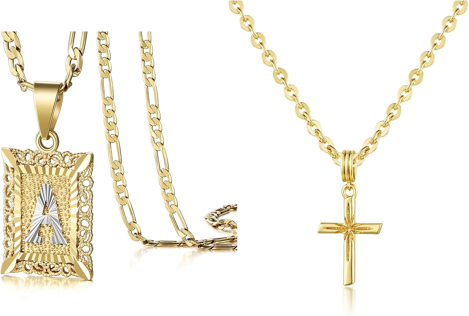 KissYan Gold Square Initial Necklace A with Cross Necklace