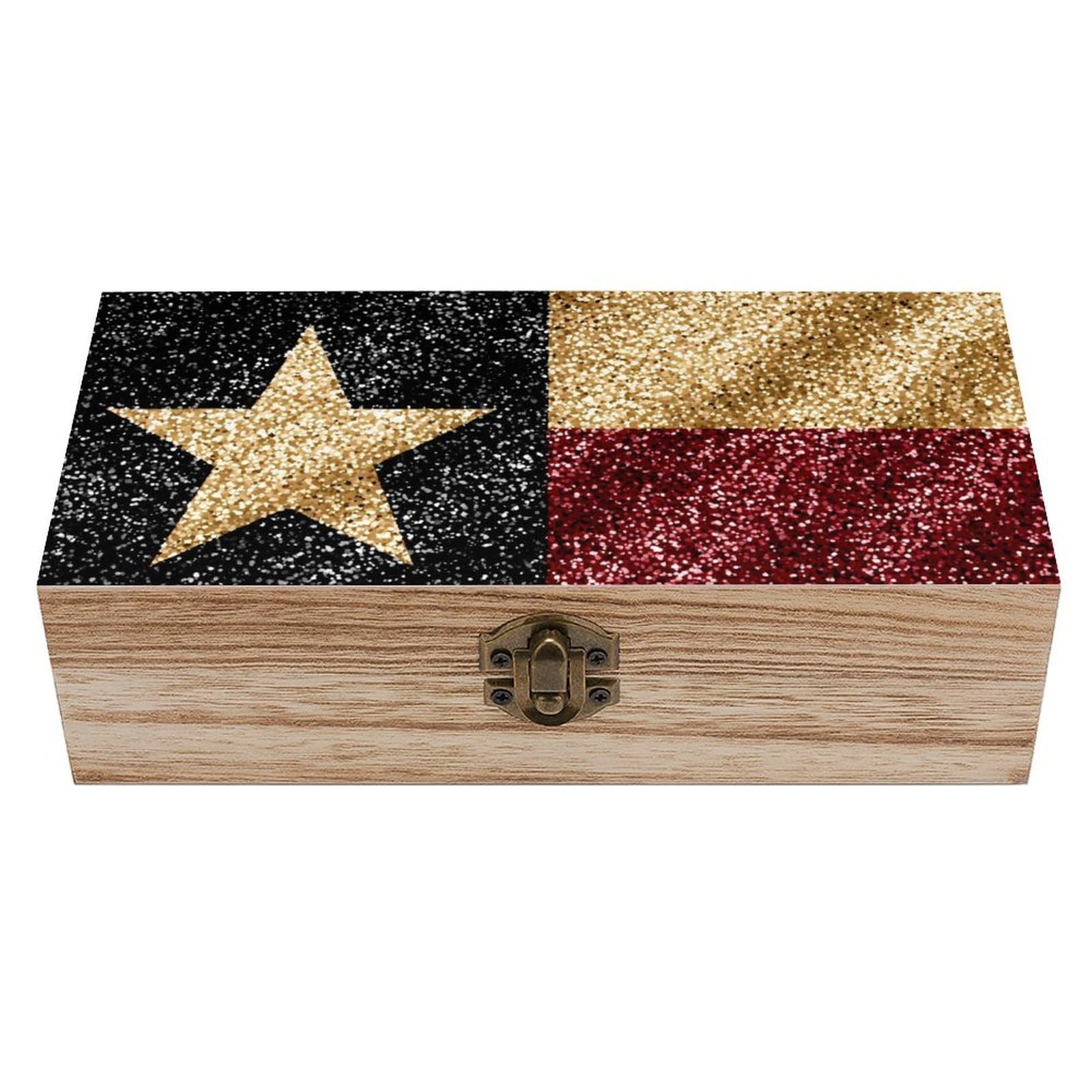 HLBSDM Texas Star Flag Wooden Box with Hinged Lid Decorative Storage Case Container