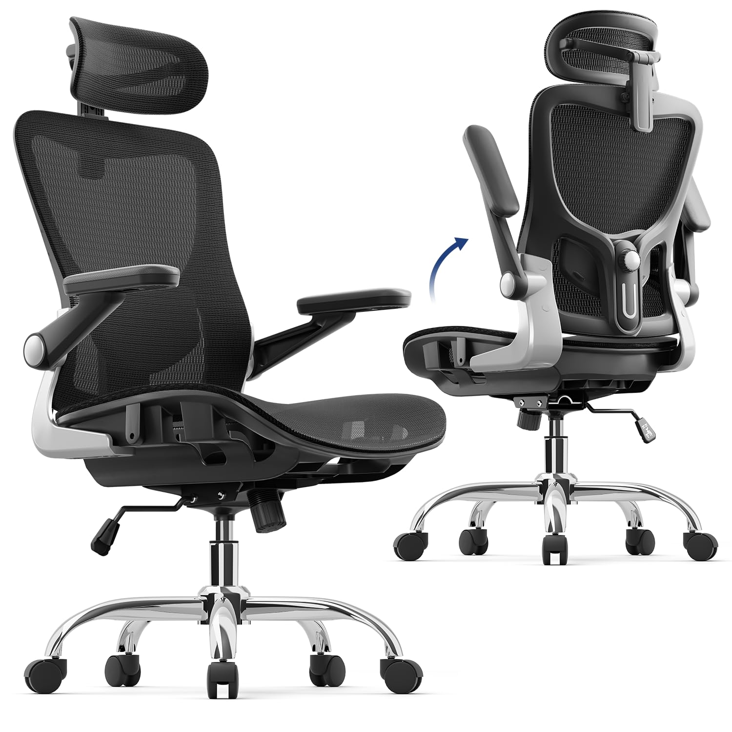 Ergonomic Office Chair，Mesh Seat Cushion with 3D Armrests and 3D Headrest, Adjustable Lumbar Support with Rocking Function, SGS Class 4 Gas Clylinder，Black