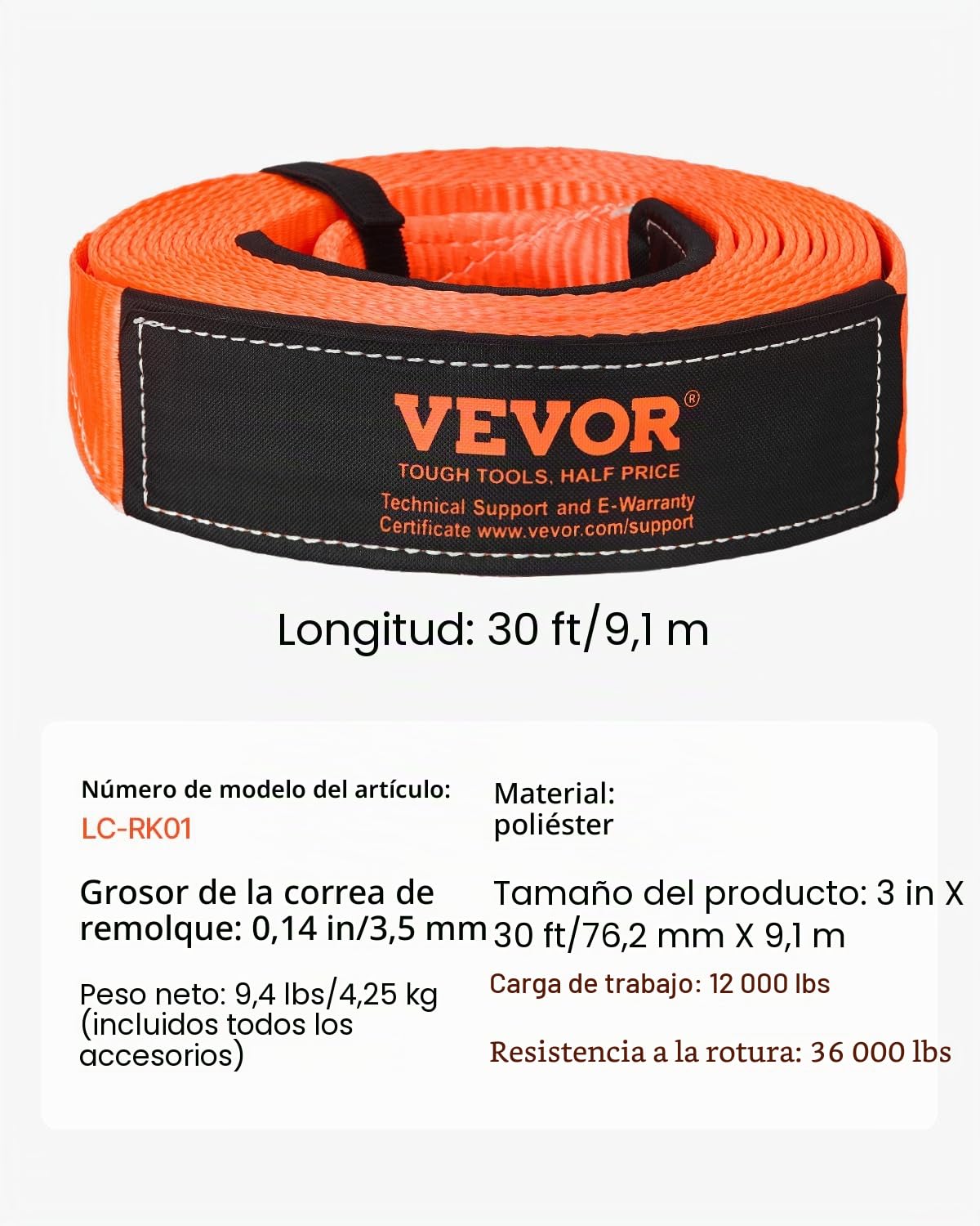 VEVOR Kit de Recuperación de Correas de Remolque, 76,2 mm x 9,1 m Capacidad de 16329 kg Correa de Cabrestante con Fundas Protectoras y Bolsa de Almacenamiento, Grilletes de Anilla en D para SUV, ATV