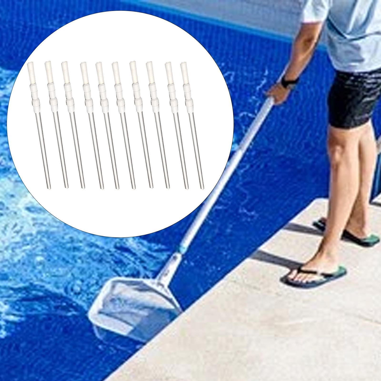 Paquete de 10 Varillas Telescópicas para Limpieza de Piscinas, Ligeras, Retráctiles Y de Longitud Ajustable para Aspiradoras Y Rastrillos de Uso Comer, Plata
