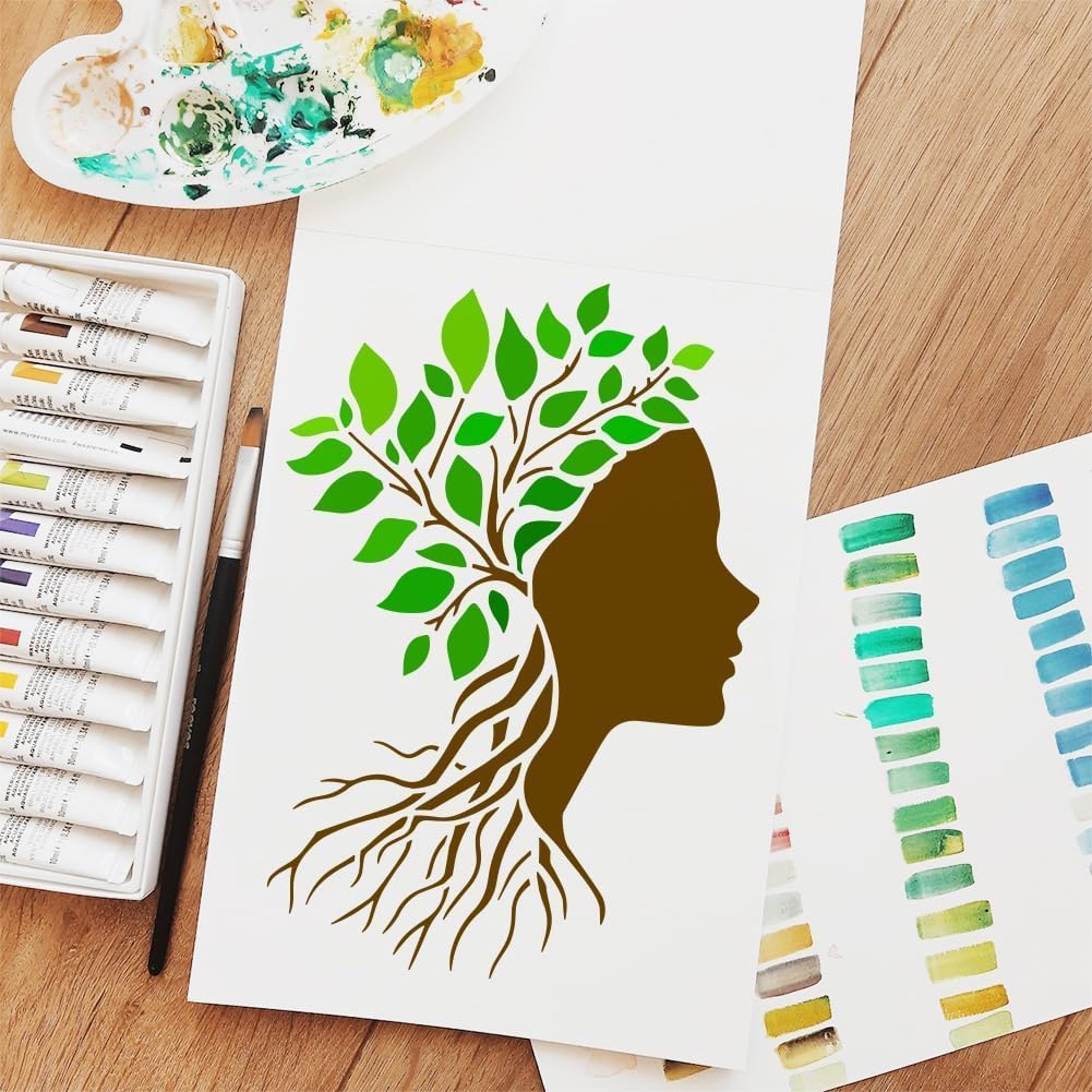 FINGERINSPIRE 9Pcs Woman Tree Painting Stencils with Paintbrush 11.7x8.3 inch 9 Styles Reusable the Tree of Life Stencils Woman Art Stencil Woman Silhouette Stencil for Wood Wall DIY Craft Home Decor