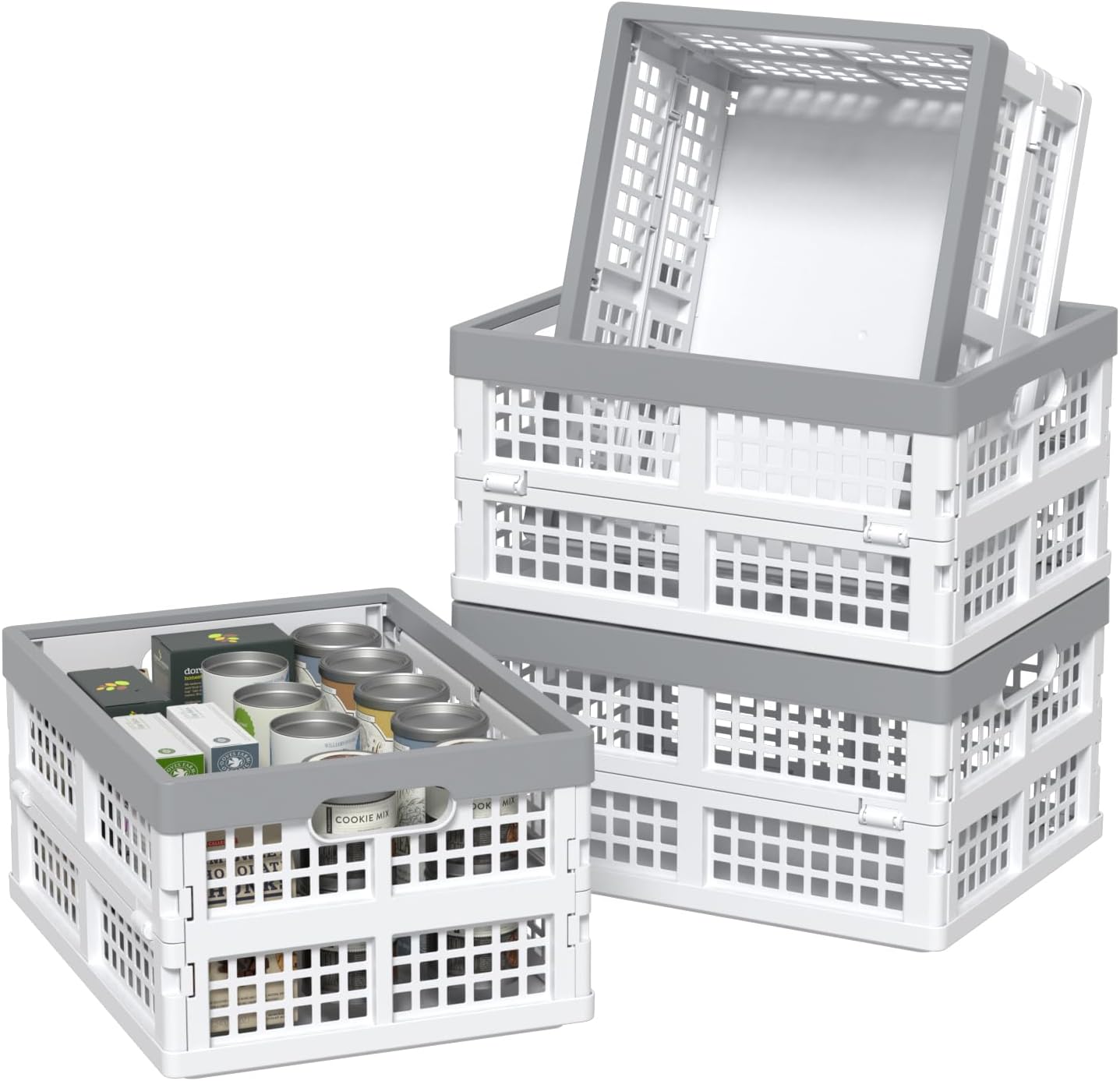 4 Packs 15 Liter Small Collapsible Heavy Duty Storage Bin/Container, Plastic Stackable Utility Folding Crate Basket, White