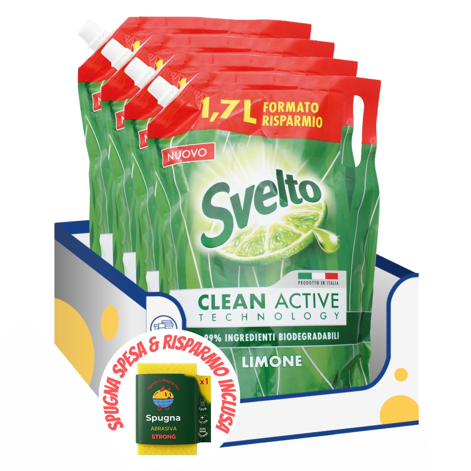 Ricarica detersivo piatti al limone formato maxi kit con Spugna Brandizzata SPESA & RISPARMIO Inclusa – Variazioni 4/8/12 Pezzi – 1,7 L (4)