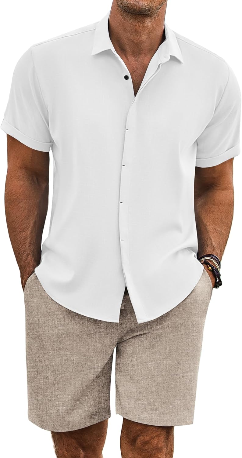 COOFANDY Men's Summer Beach Outfits 2 Piece Short Sleeve Shirts and Shorts Vacation Texture Linen Sets for Men