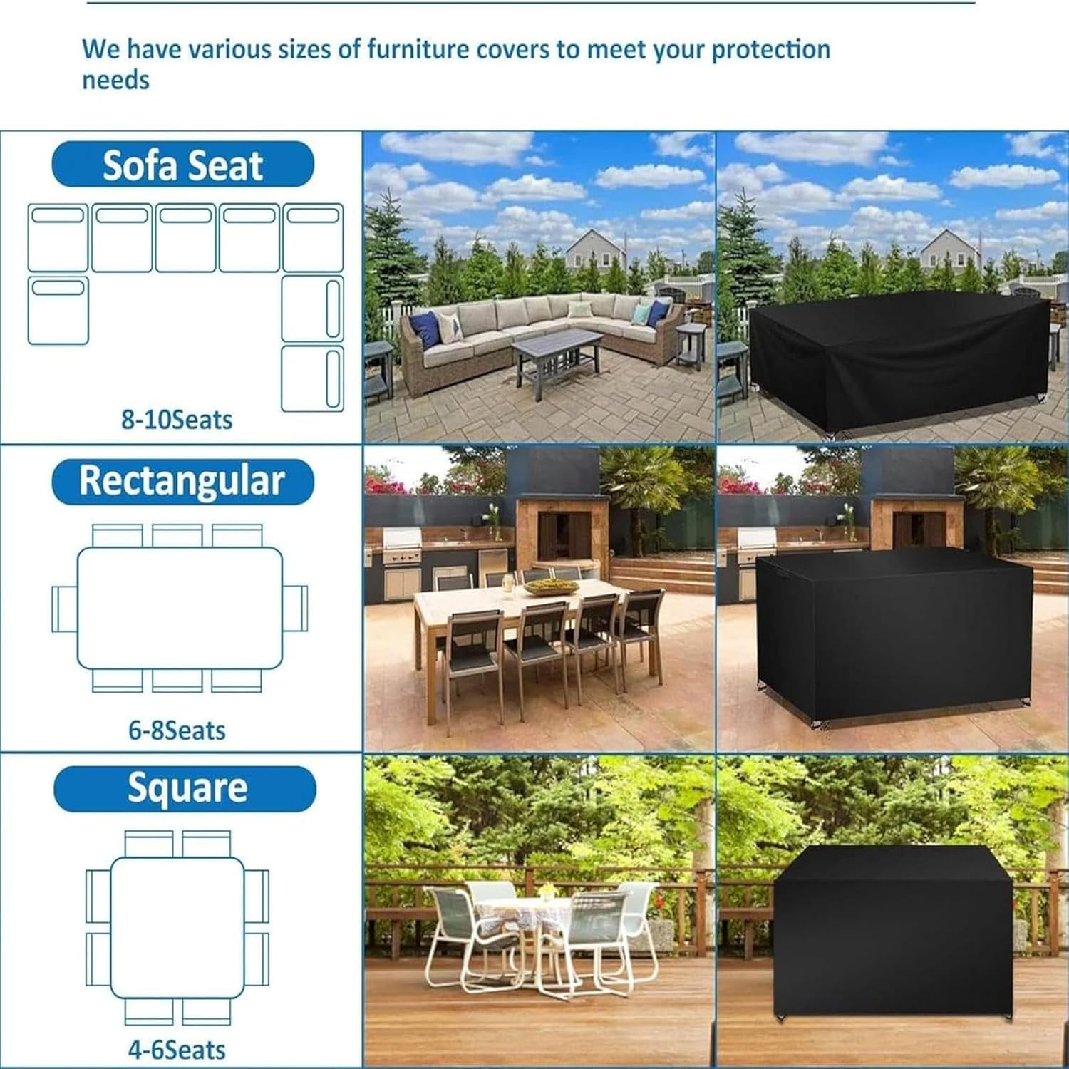 Patio Furniture Covers 126" L x 48" W x 6" H / 321x121x15cm Extra Large Waterproof Outdoor Table Cover, 420D Rectangular Patio Furniture Set Sofa Covers，Coffee Table，Chairs
