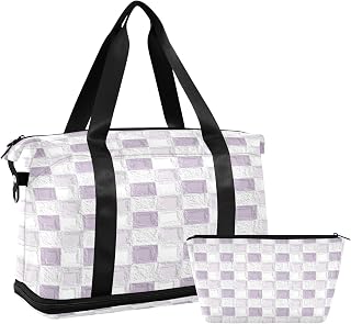 Purple Check Pattern Waterproof Travel Duffel Bags Weekender Travel Overnight Bag with Adjustable Strap for Trekking