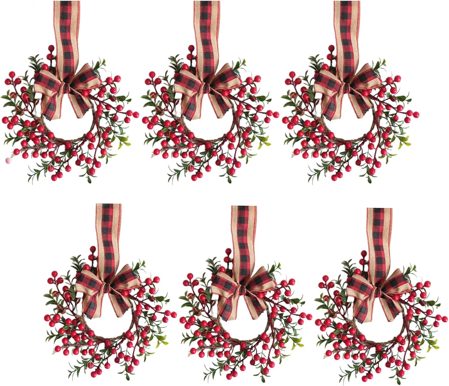 6 PCS Christmas Cabinet Wreaths Set for Kitchen Window Wall, 9 Inch Mini Xmas Candle Rings with Red Berries, Christmas Small Ribbon Wreath for Cabinets Fireplace and Chair