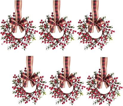 6 PCS Christmas Cabinet Wreaths Set for Kitchen Window Wall, 9 Inch Mini Xmas Candle Rings with Red Berries, Christmas Small Ribbon Wreath for Cabinets Fireplace and Chair