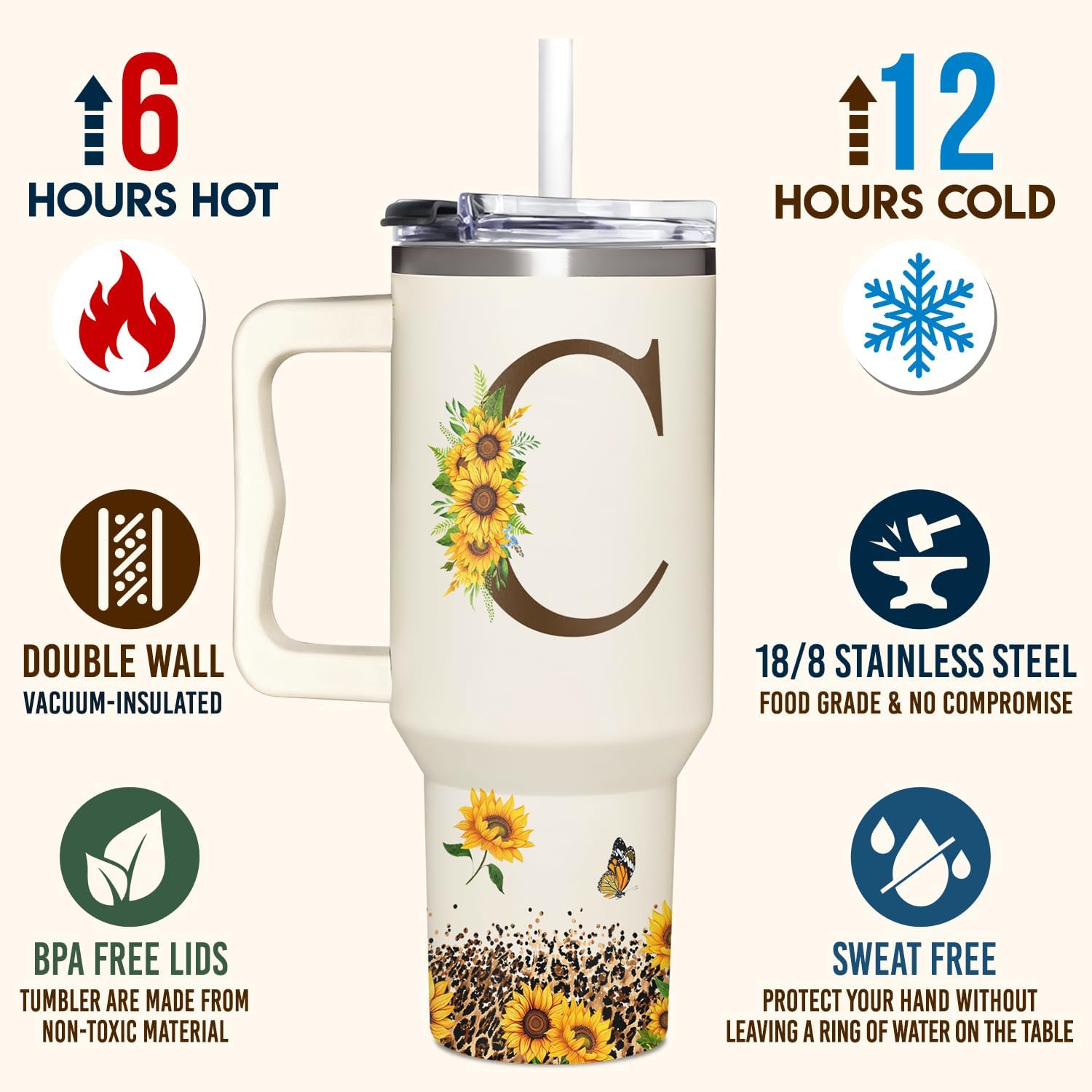 Personalized Birthday Gifts For Women - Sunflowers Monogrammed Cup For Boss Day, Christmas - Customized Gifts For Women, Mom, Wife, Coworkers, Boss Lady, Her - Custom Tumbler With Handle 40oz - Image 4