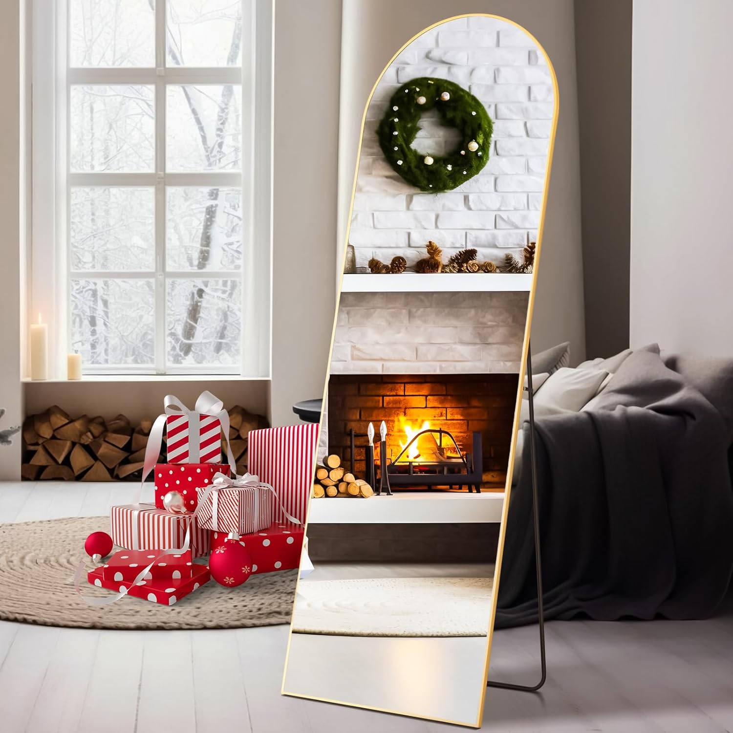 Sweetcrispy Arched Full Length Mirror 59″x16″ Full Body Floor Mirror Standing Hanging or Leaning Wall, Arch Wall Mirror with Stand Aluminum Alloy Thin Frame for Bedroom Cloakroom Living Room,Gold