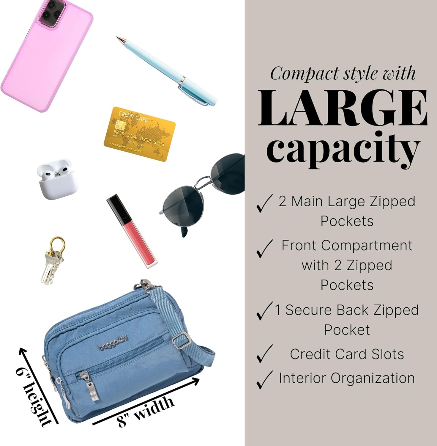 Baggallini Triple Zip Small Crossbody Bag for Women - Lightweight Convertible Fanny Pack Belt Bag