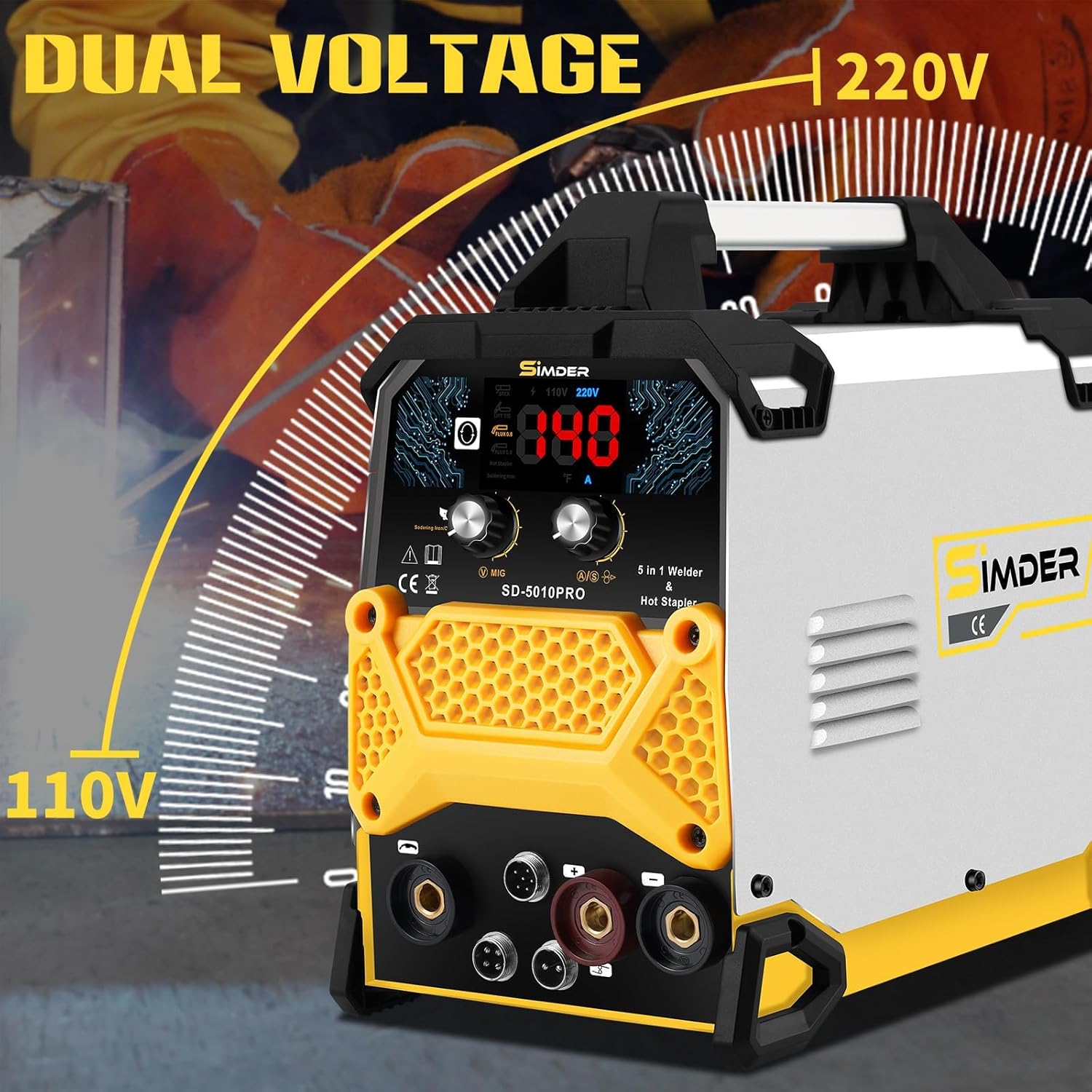 SSIMDER welder with a visual representation of 110V and 220V dual voltage capability.