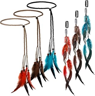 Geyoga 6 Pcs Feather Headband Feather Hair Clip Set Boho Hair Extensions with Clip Comb Hippie Headpiece (Multicolor)