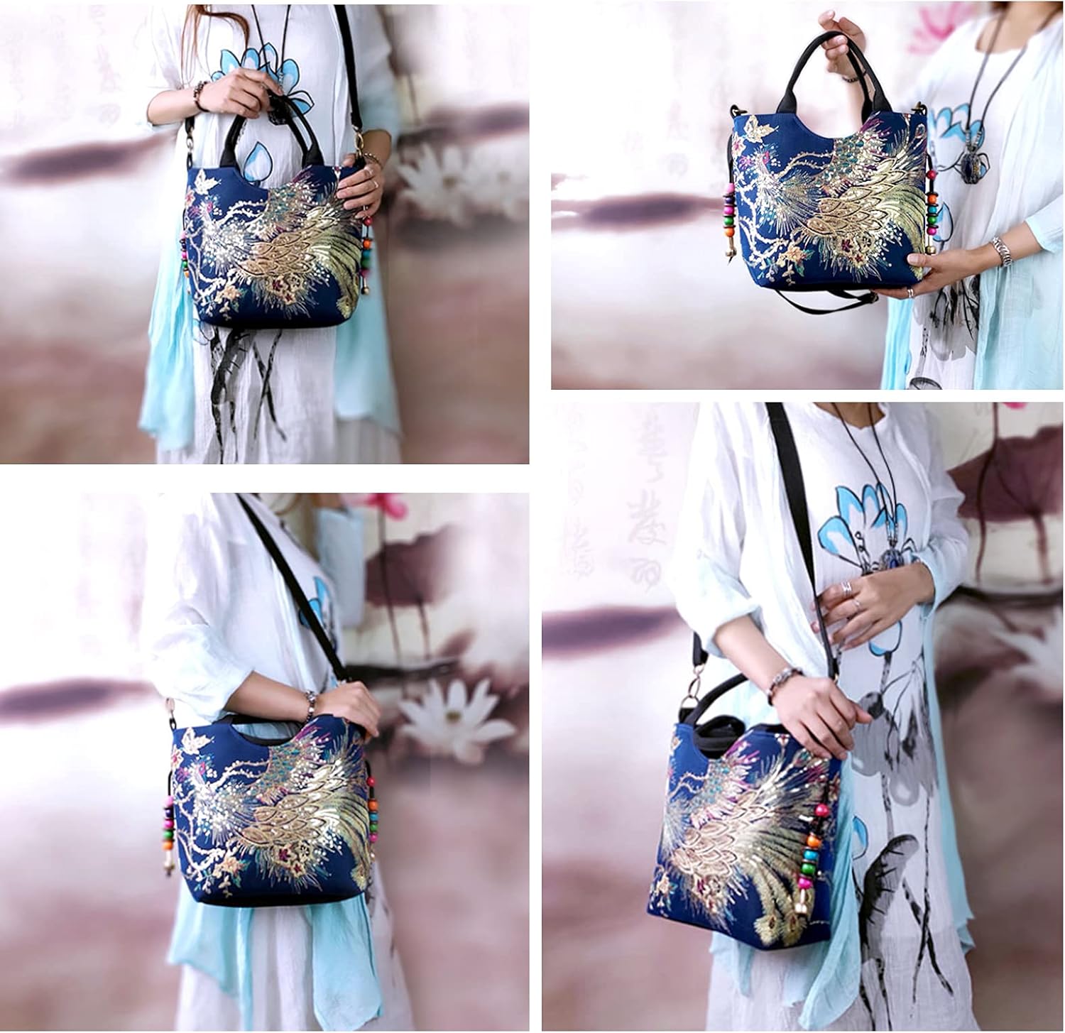 Women Vintage Sequins Peacock Handbag - Ethnic Embroidery with Pendants