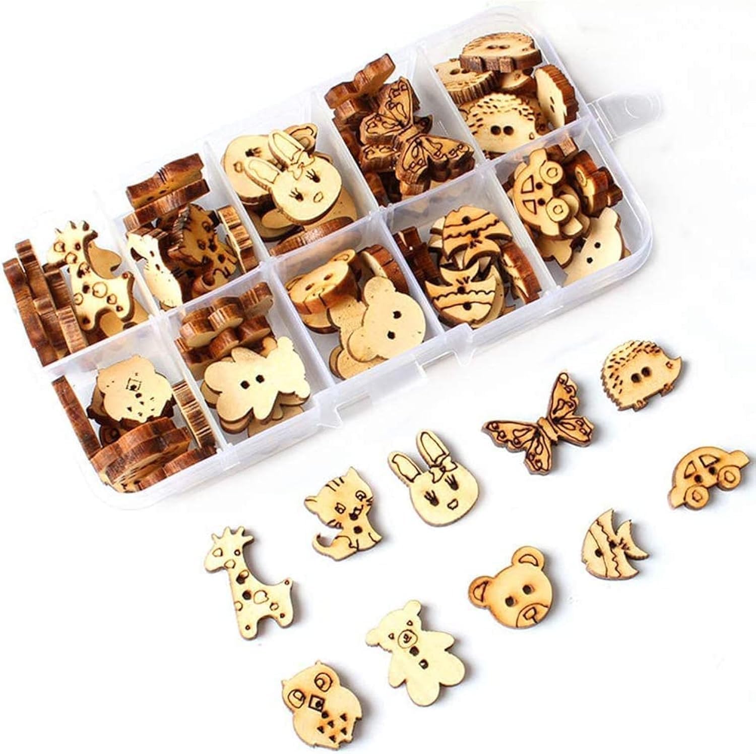 SYOSI Cartoons Wooden Buttons Animal Shape Wooden Hollow Buttons 2 Holes Vintage Buttons with Plastic Storage Box for Crafting Sewing Crafts Knitting Children DIY Painting Gift Decoration 100Pcs