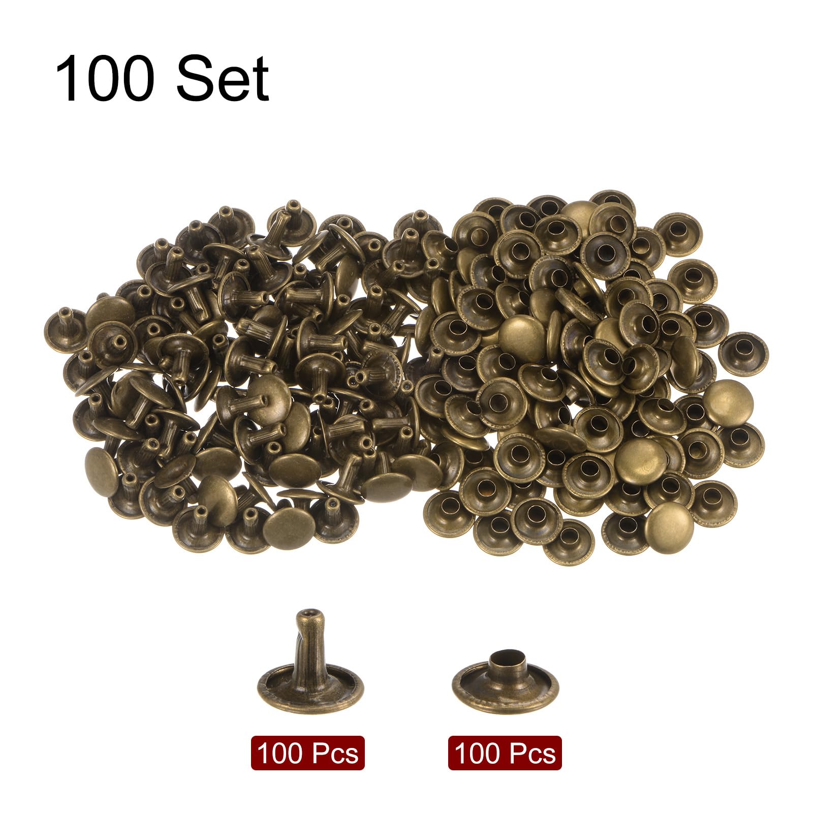 QUARKZMAN 100 Juegos Remaches de Cuero 8 x 10 mm Remaches de Metal de Doble Tapa Broches de Presión Sujetadores con 3 Herramientas de Instalación para Cuero Manualidades Bronce