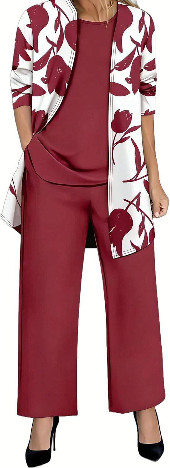 Womens 3 Piece Pant Suit Set Long Sleeve Cardigan Sleeveless Top Wide Leg Pants Sweatsuit Wedding Guest Evening Party Outfits