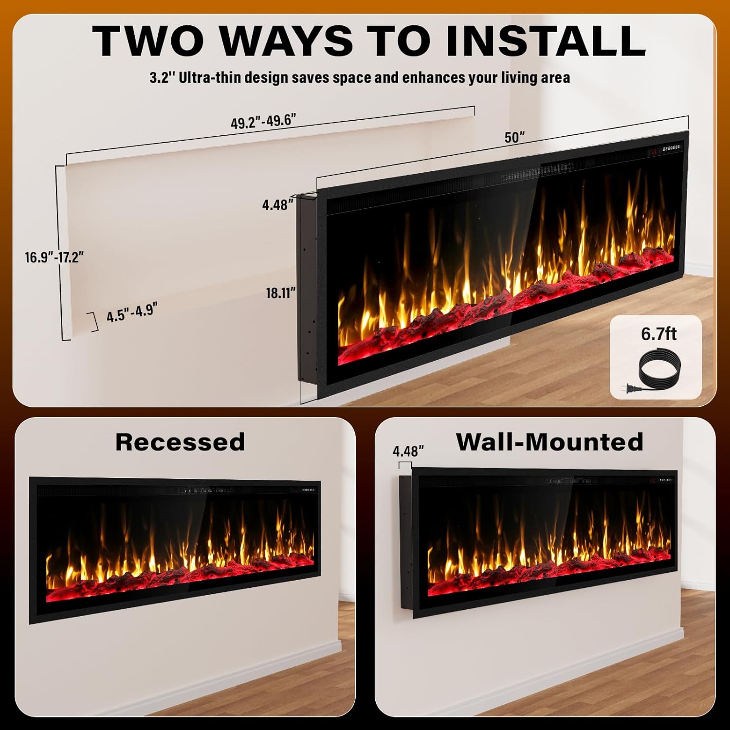 BREEZEHEAT Electric Fireplace 50''-Smart WiFi Fireplace Heater Recessed Wall Mounted, Remote Control, Touch Screen, 750W/1500W, 8H Timer for Living Room, Bedroom, Office