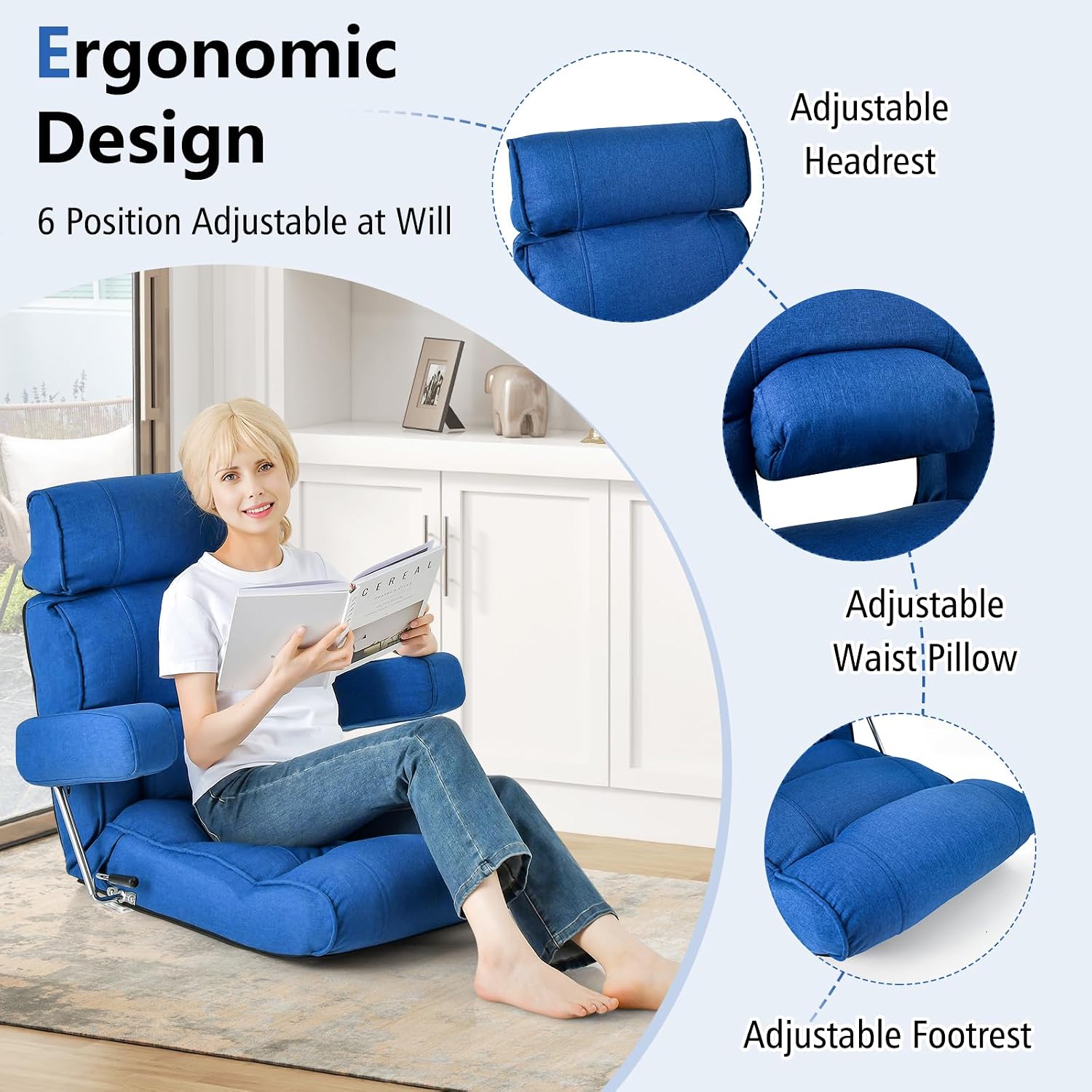 Giantex Adjustable Folding Sofa Chair - Lazy Floor Chair with Infinitely Adjustable Backrest, Extendable Armrest & Seat, Couch Recliner for Meditation, Reading, Gaming Floor Chairs for Adults (Blue)