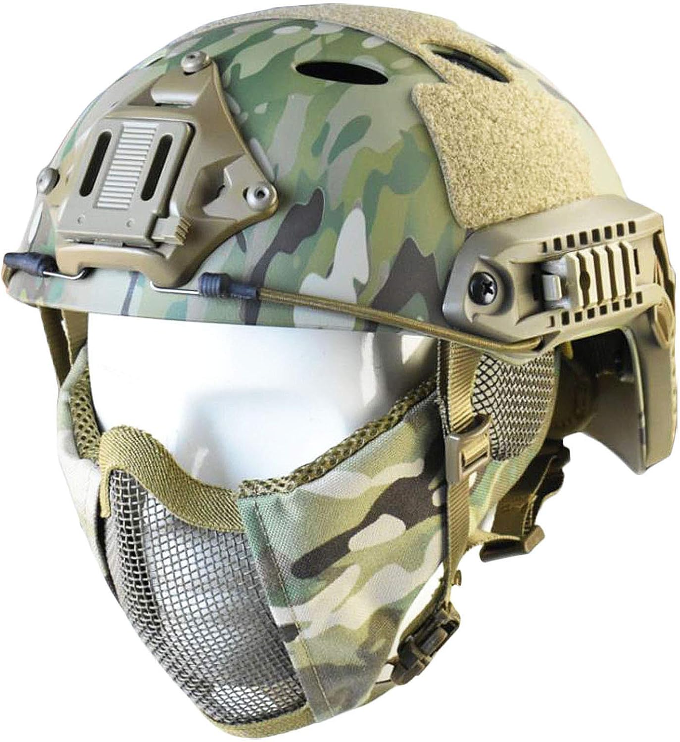 Tactical Foldable Half Face Airsoft Mesh Mask with Ear Protection and Tactical Airsoft Fast Helmet Adjustable H-Nape Helmet Chin Strap Large Size for Older Teenager or Adult (CAMO) : Sports & Outdoors