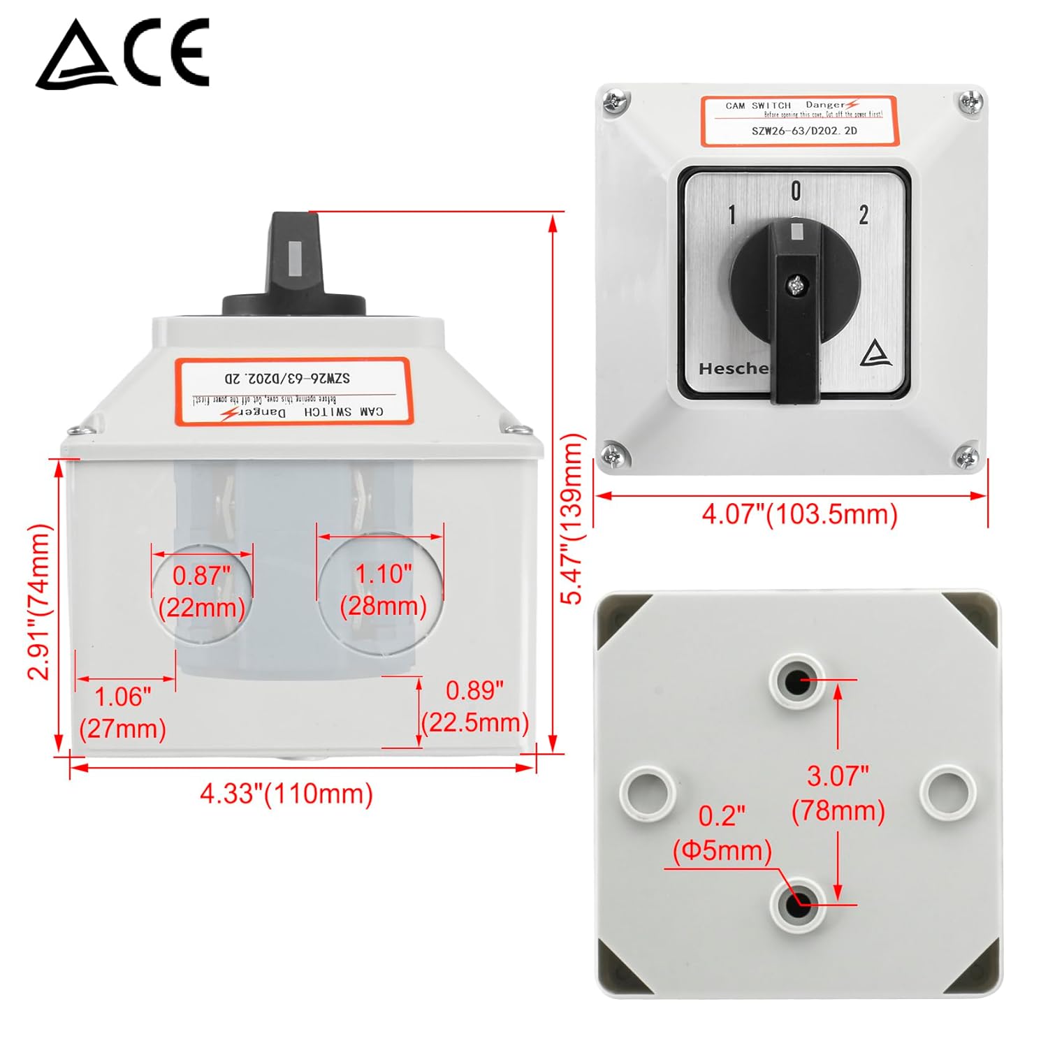 Heschen Universal Rotary Cam Selector Changeover Switch, SZW26-63/D202.2D, 660V 63A, ON-Off-ON, 3 Position 2 Phase 8 Terminals, with Master Switch Exterior Box, Gray