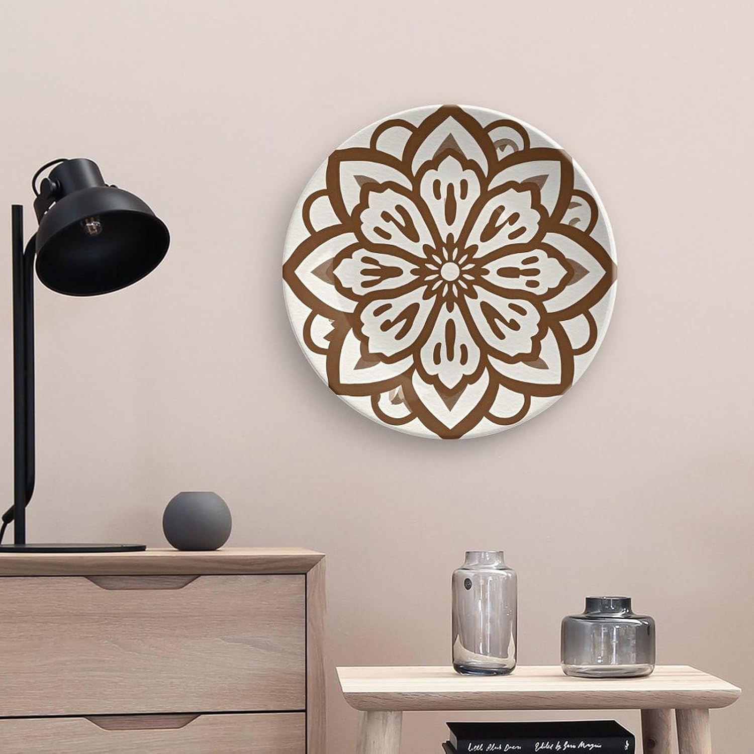 Brown Outline Flower Decorative Ceramic Plate Round Porcelain Plate Decor Personalized Bone China Decorative Plates Ceramic Ornaments Dessert Plates with Display Stand 10inch