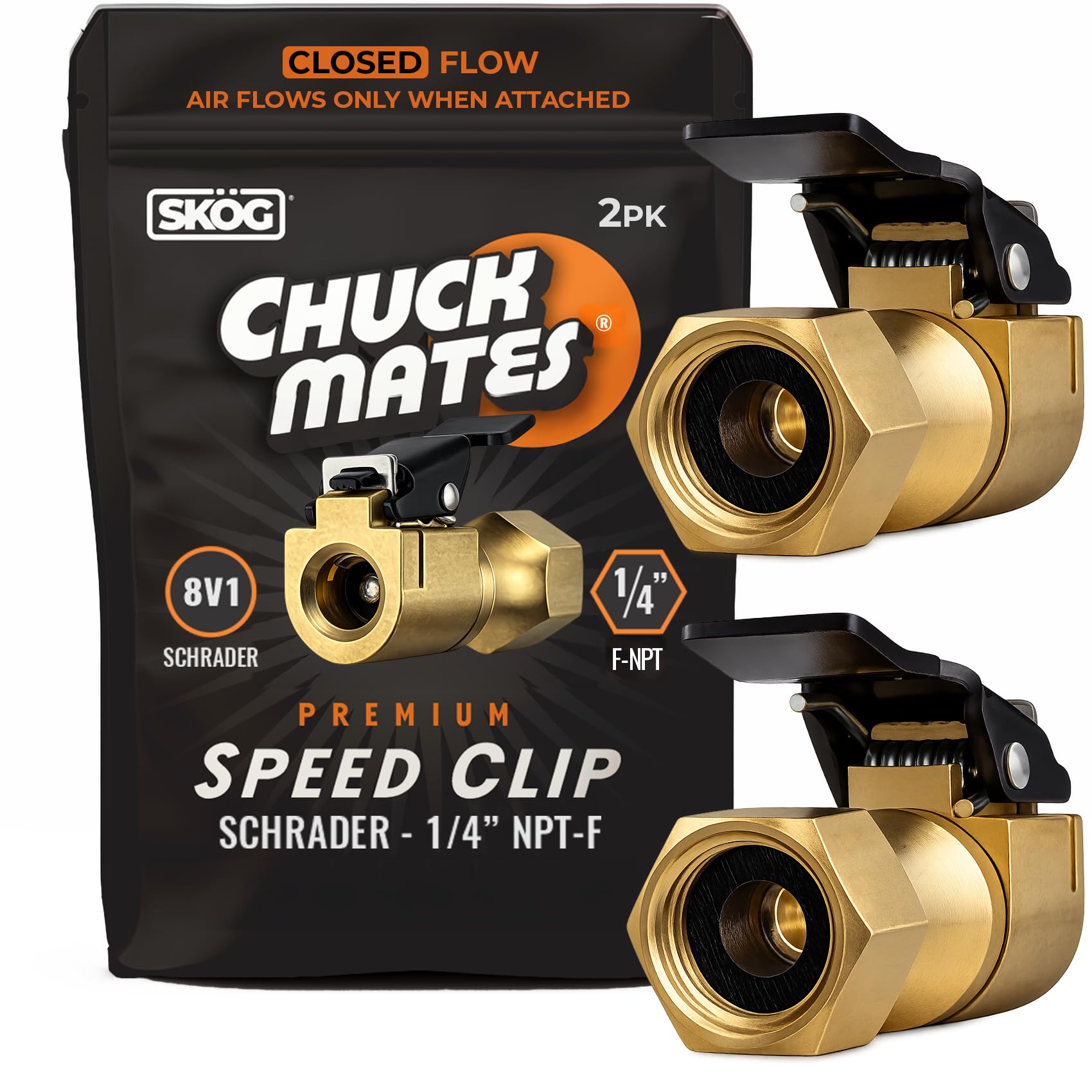 Chuck Mates Premium 1/4" NPT Quick-Connect Tire Chuck, Closed-Flow (2 Pack)