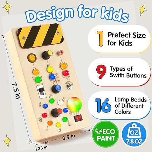 Miniatura 2 de POLKRANE Tablero de actividades con luz LED, juguetes Montessori con interruptor de palanca, juguetes de viaje y juguete de madera para actividades
