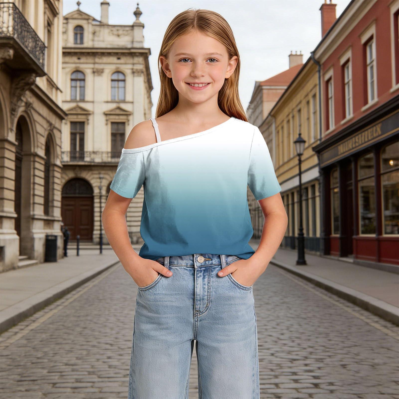 Camisetas de manga corta con hombros descubiertos para niñas, adolescentes, elegantes, transpirables, para la escuela, básicas, de un hombro, holgadas, informales, invitadas de boda, 5-14 años, Reino