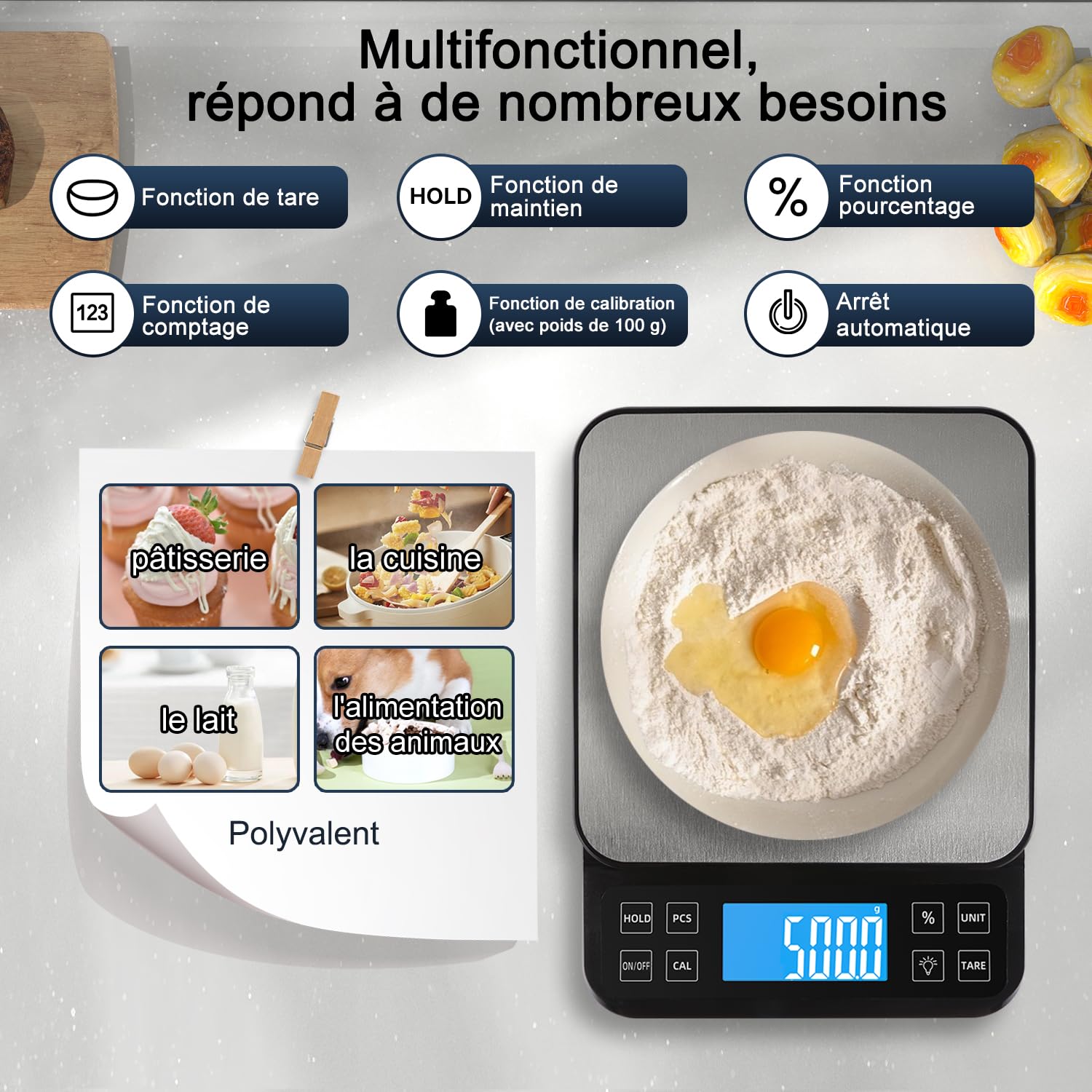 BOMATA Balance de cuisine grande taille, précision de 0,1 g, balance de boulangerie de 5 kg fonction pourcentage, rechargeable par USB, écran LCD à angle complet avec rétroéclairage, Noir et Argent