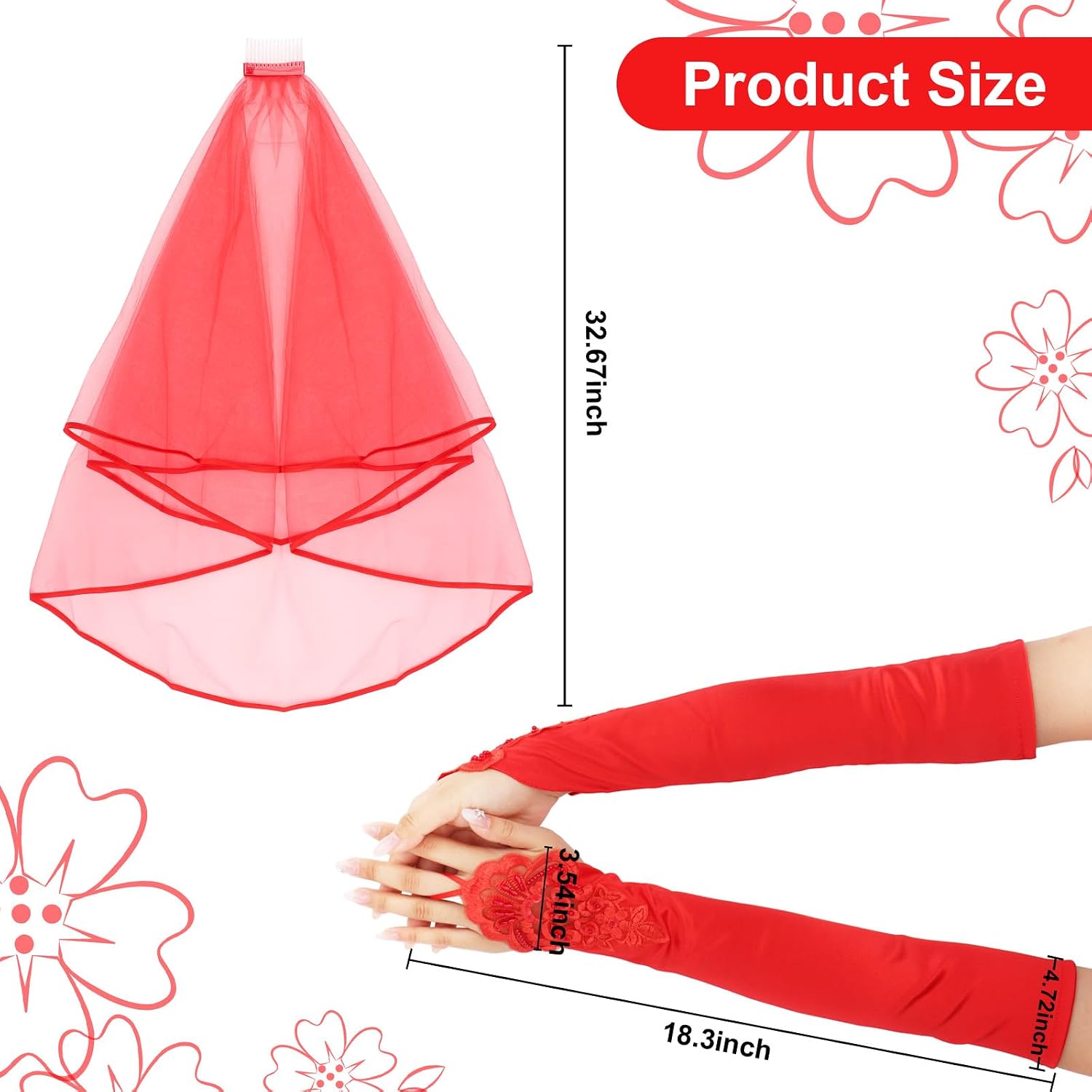 Semato Red Gloves and Red Veils for Women Bride Wedding Halloween Costume Party Accessories