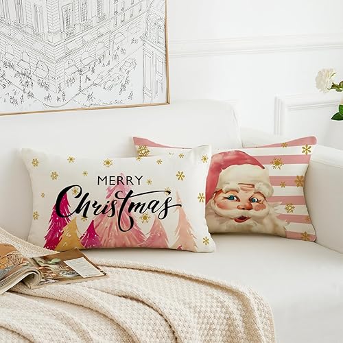 Miniatura 4 de HOMFREEST Juego de 2 fundas de almohada de Navidad de 12 x 20 pulgadas, diseño de rayas rosas de Papá Noel, fundas de cojín decorativas de Navidad