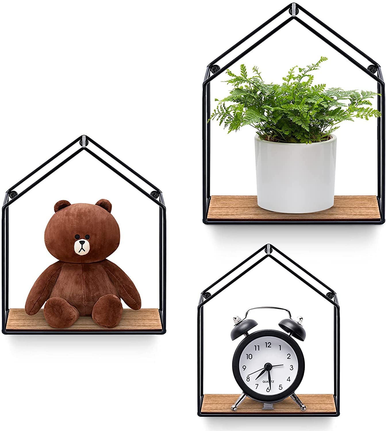 Weston Crafts Wood Floating Shelves Set of 3 Wall Mounted Wall Shelf House-Shaped Display Storage for Bedroom Bathroom Living Room Kitchen (Black)