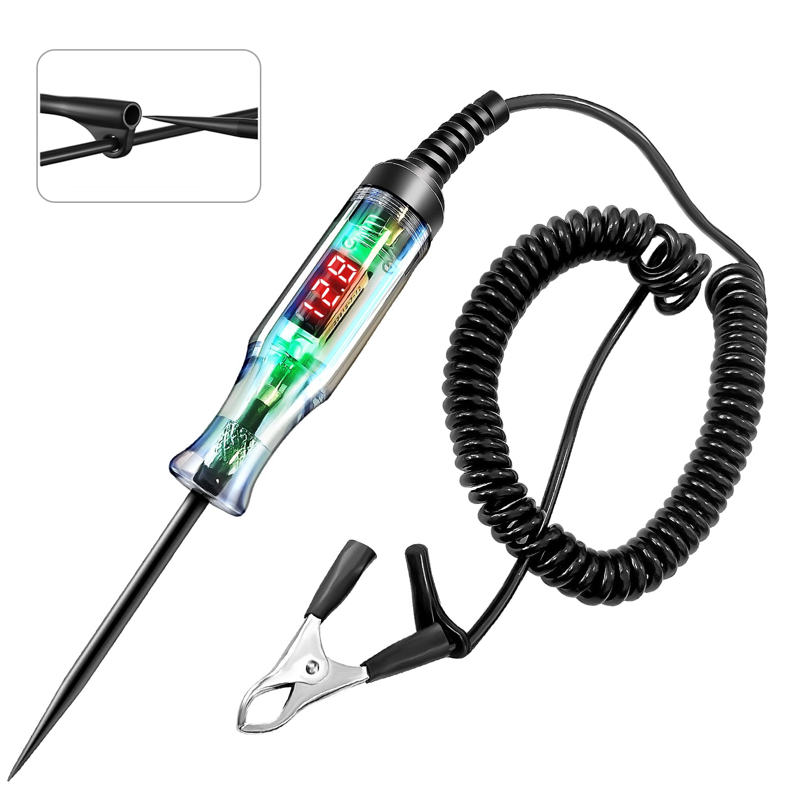 Tester per circuiti automobilistici da 5-120 V, display digitale di tensione a LED con cavo a molla esteso in PU nero, sonda in acciaio duro affilato, circuiti per veicoli a bassa tensione CC, tester