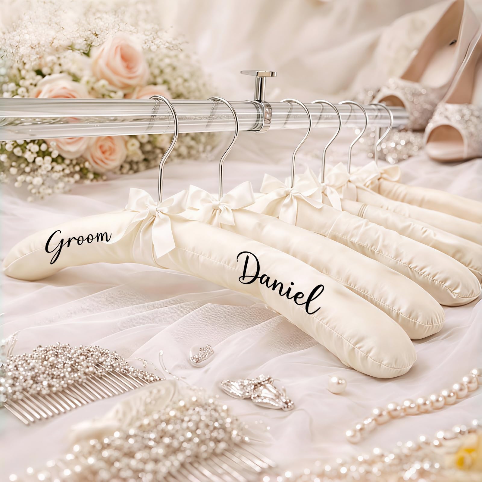 Custom Wedding Hangers, Personalized Satin Padded Dress Hangers For Bride, Bridesmaid, Bridal Shower Gift, Wedding Day Photography Props