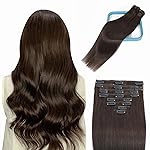 LORIEN Clip in Hair Extensions Real Human Hair, 14 Inch 80g, 2 Darkest Brown, Clip in 100% Brazilian Remy Human Hair Extensions 8pcs Per Set with 18 Clips Double Weft