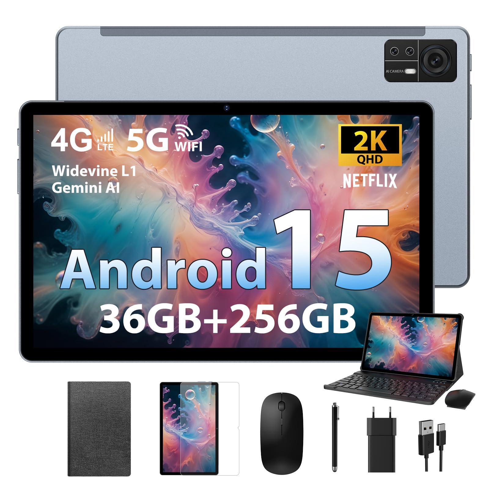 FASTWD Tablet Android 15-11 Pollici Tablet con 4G LTE e 5G WiFi,36GB RAM + 256GB ROM,5G WiFi,Octa Core,9580mAh,Foto AI 16MP+8MP,TÜV,GPS,Gemini AI,Tablets in Offerta con Widevine L1,Grigio
