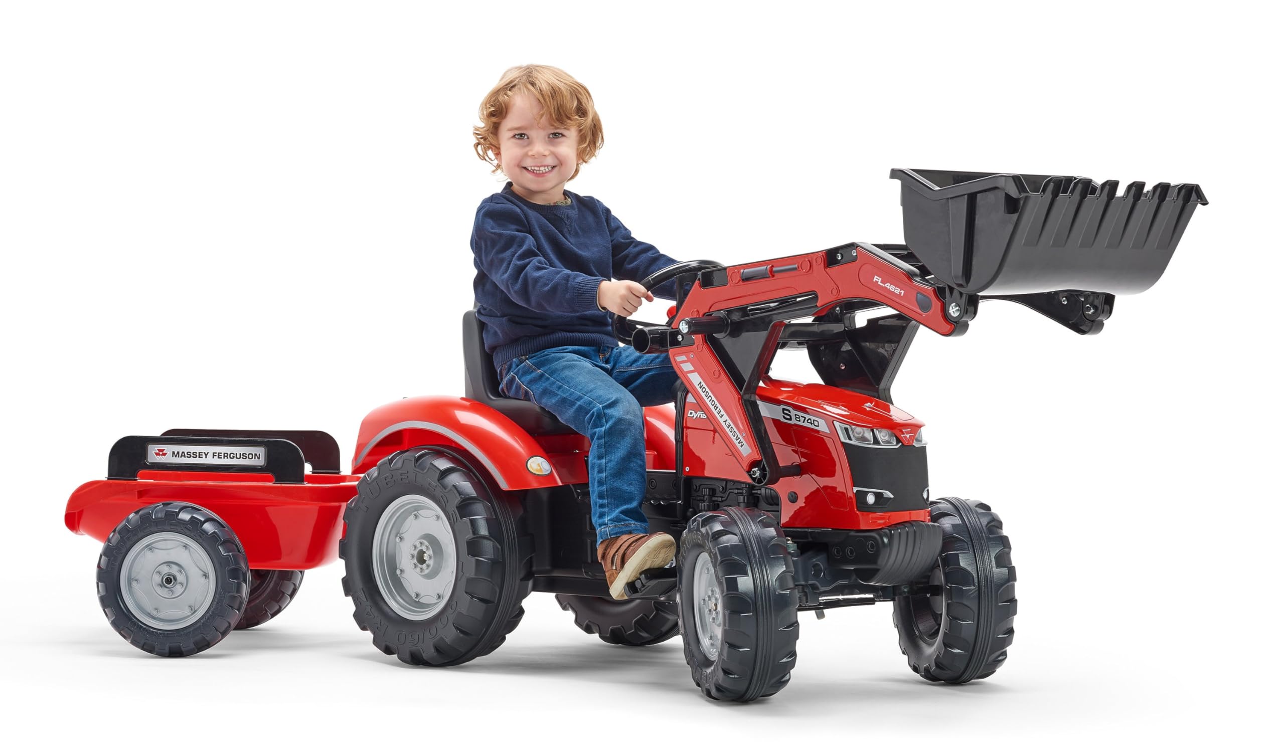 FALK - Tractopelle à pédales Massey Ferguson avec et remorque - Jeux exterieur enfant - Tracteur enfant - Dès 3 ans - Fabriqué en France - Pelle frontale articulée - Siège ajustable - 4010AM