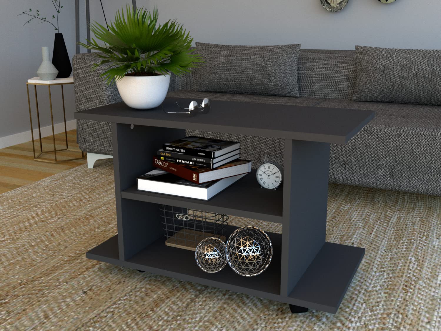 Henor Tavolo su Ruote. Legno 80 x 40 x 52.5 cm. Con Rotazione 360 e Freno. Grafite