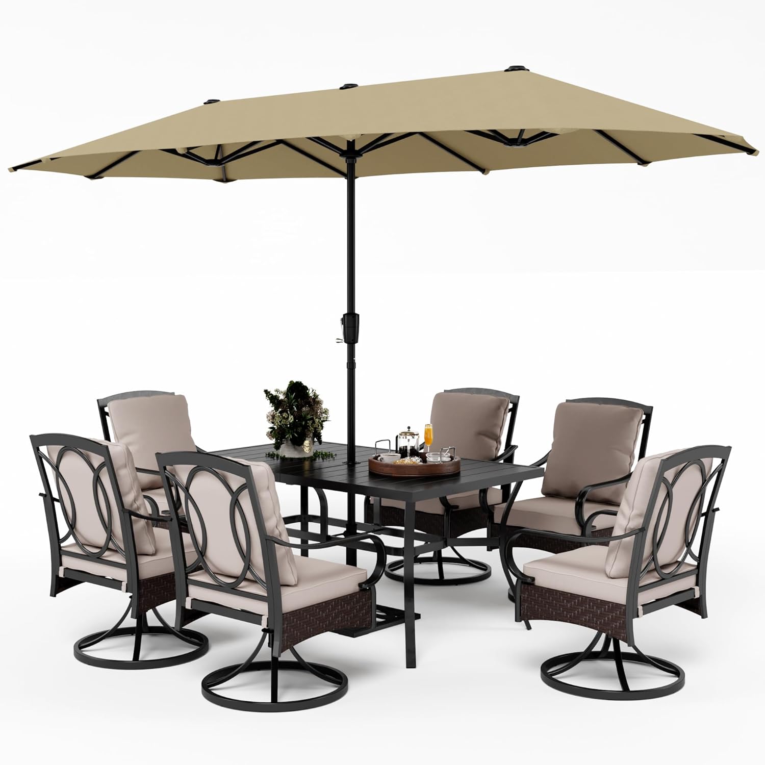PHI VILLA Outdoor Dining Set for 6, All-Weather Patio Table and Chairs Set with Umbrella for 6, Heavy Duty Rectangle Patio Table Set for Deck, 6 Extra Large Outdoor Swivel Chairs with Thick Cushions