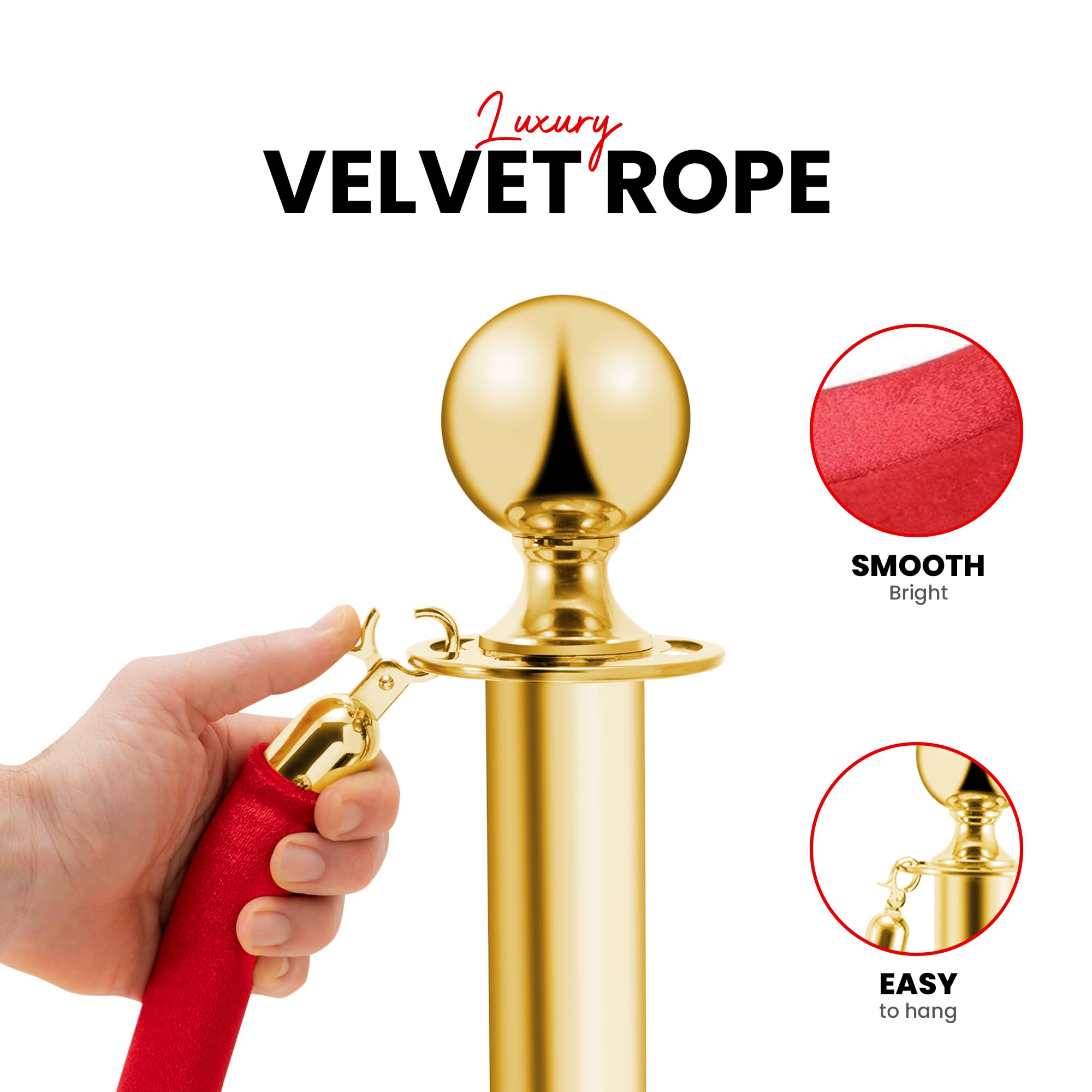Pali distanziatori in acciaio inox dorato 2 pezzi, altezza 90 cm, argento con corda di velluto rosso da 1,5 m, collegamento a 4 vie, base di diametro 31 cm, controllo della folla